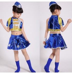 Royal blue girls kids child stage performance  modern dance jazz dance outfits split set dance costumes dresses set